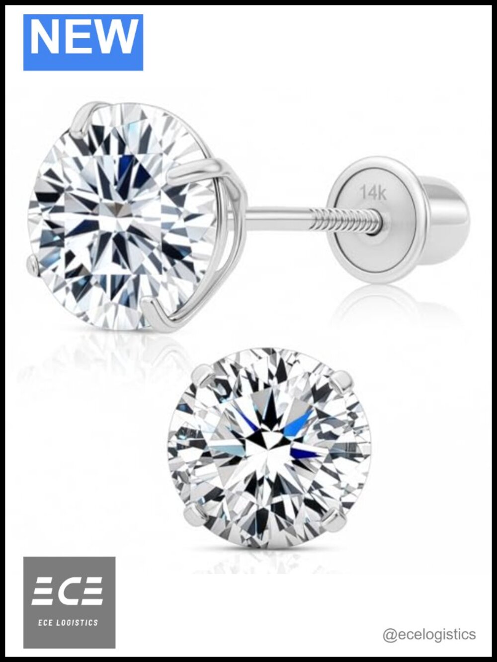 14K Solid Gold Cubic Zirconia Round Solitaire Stud Earrings Screwbacks